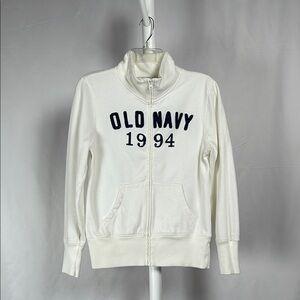 Old Navy White Zip-Up Jacket Ivory Mock Neck Fleece Logo Sweatshirt Women’s M